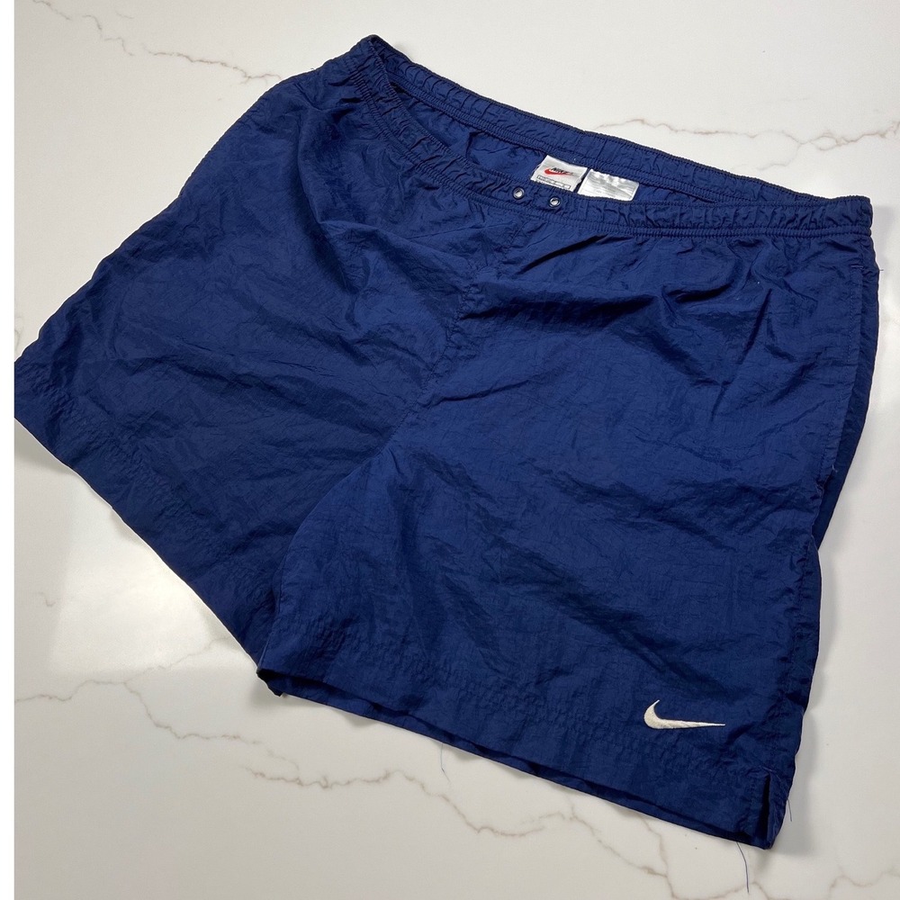 Nike Nylon Athletic Shorts 90s Navy Blue Embroidered Swoosh Vintage